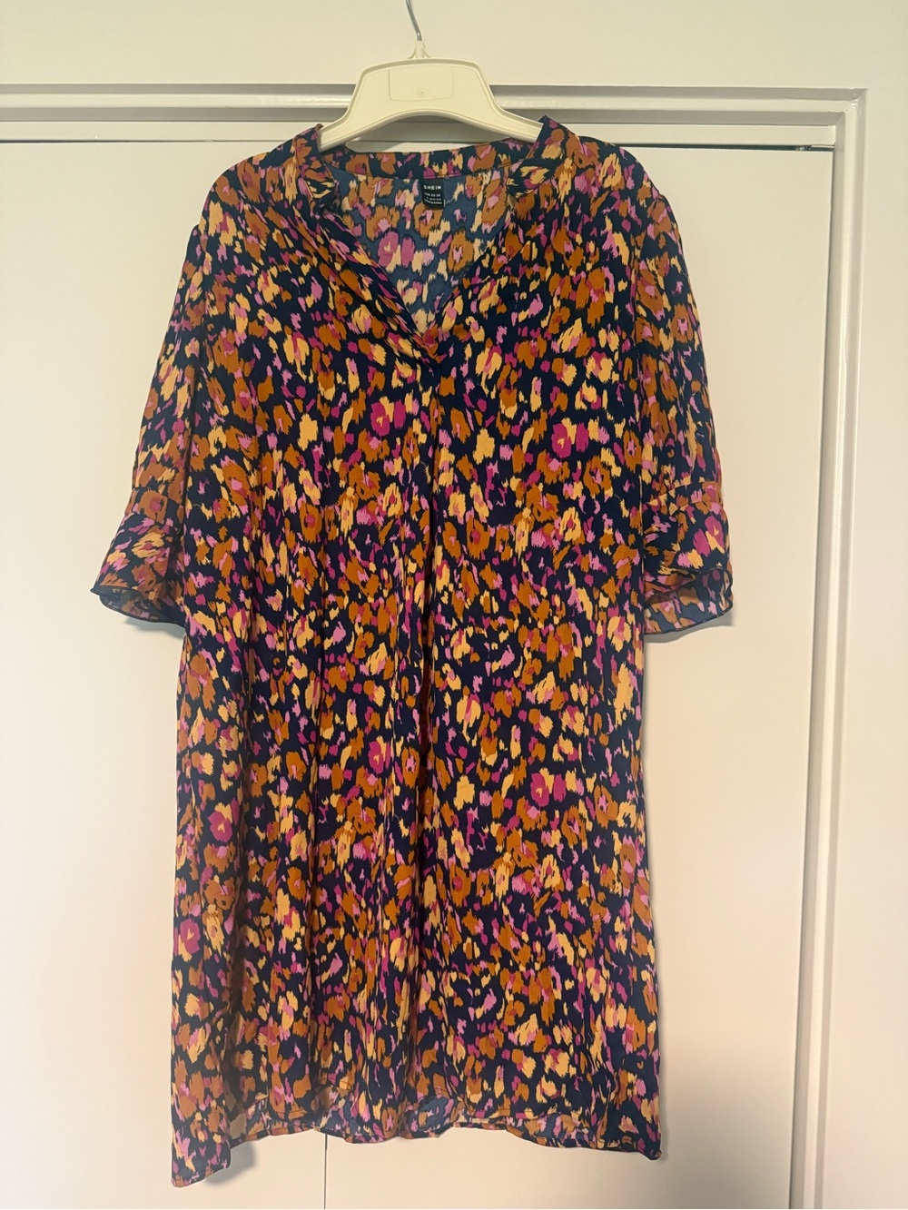 SHEIN Multicolor Abstract Floral V-Neck Midi Dress (Navy, Mustard, Magenta)